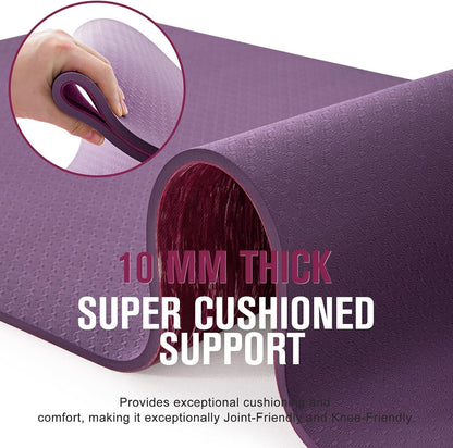 Yoga Mat Exercise Fitness Pilates 10mm Extra Thick Non Slip Rubber TPE Purple