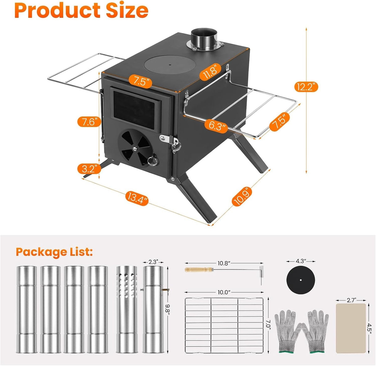 Wood Burning Stove Portable Tent Camping Mini Alloy Steel Chimney Cooking Black