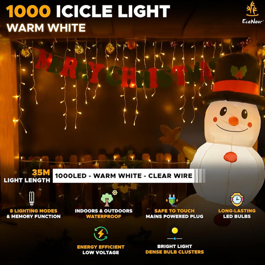 EcoNour Icicle Lights Outdoor Christmas Lights 1000 LED 35M Warm White