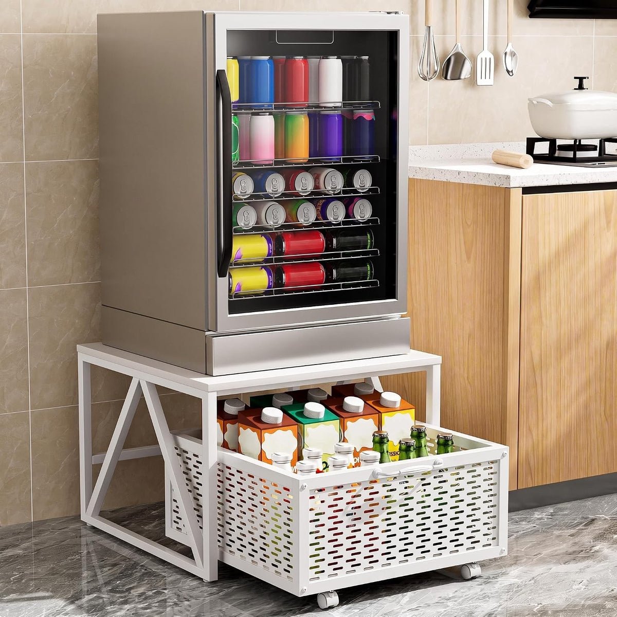 Mini Fridge Stand Storage Cart 220LB Mobile Wheels Drawer Basket White 53x53cm