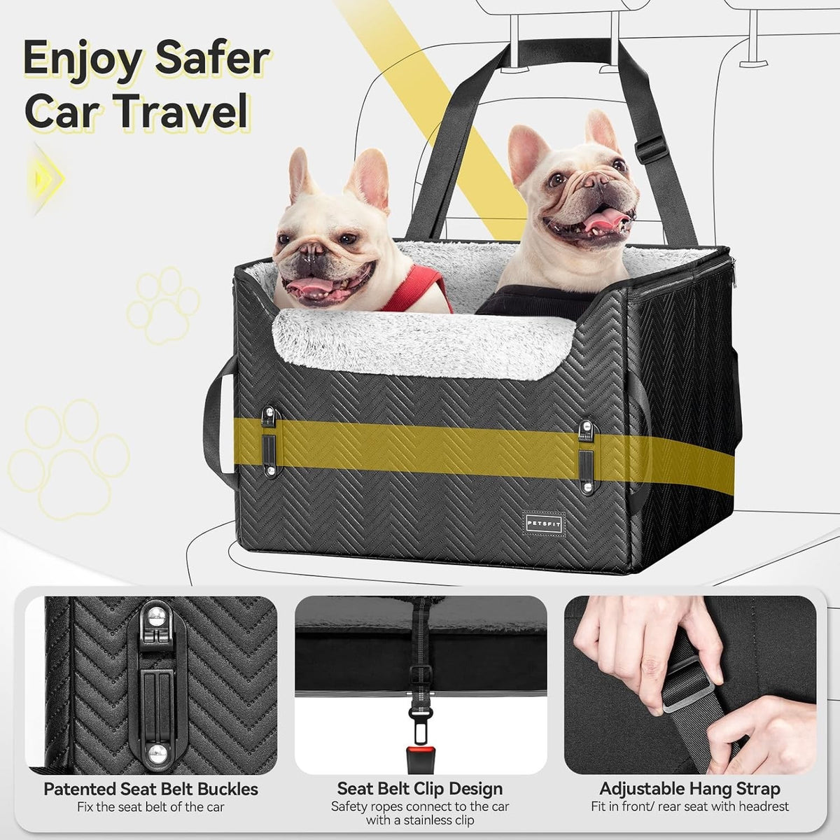 Dog Car Booster Seat Medium Black Leather 59x45x34cm Safety Leash Foldable 25lb