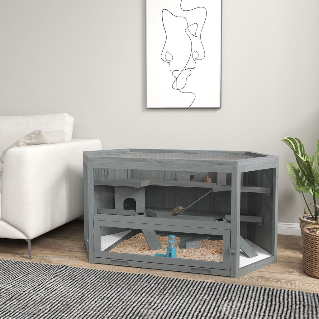 Large Wooden Hamster Cage 3 Tier Small Animal Play House With Tray Bottle Grey