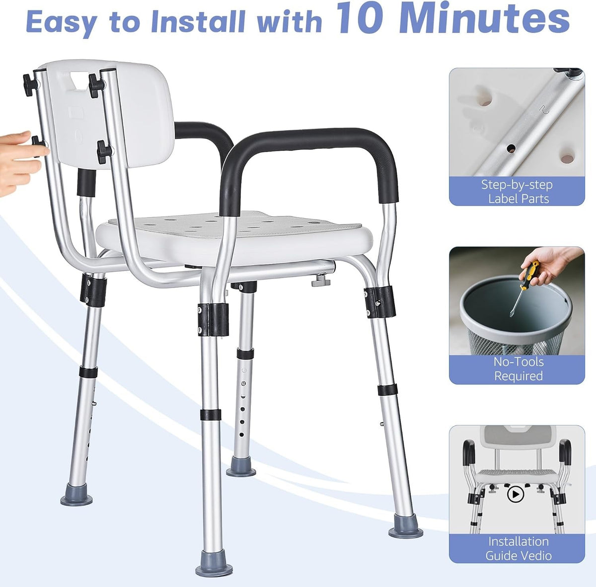 Shower Chair Bath Seat Stool Adjustable Height Non Slip Arms Backrest 150kg Grey