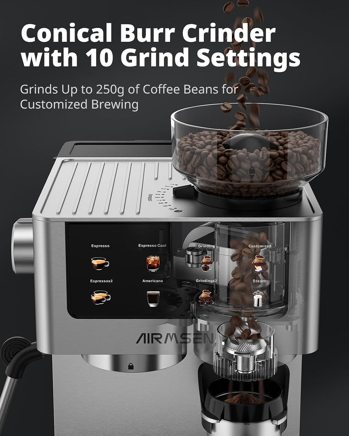 Bean To Cup Coffee Machine 20 Bar Grinder Milk Frother Touchscreen 1.8L 1350W