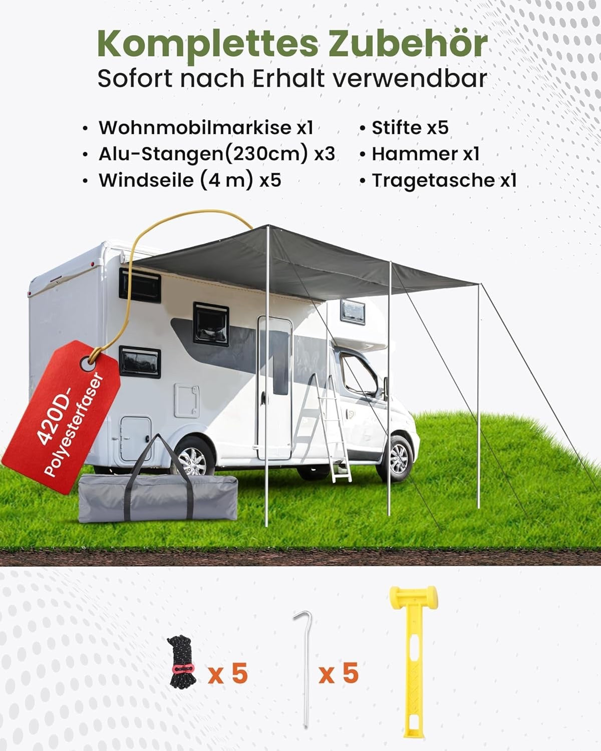 Caravan Awning 300x240cm 420D Polyester Waterproof UV50+ Piping Kit Dark Grey
