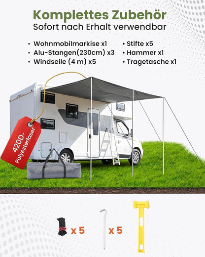 Caravan Awning 300x240cm 420D Polyester Waterproof UV50+ Piping Kit Dark Grey