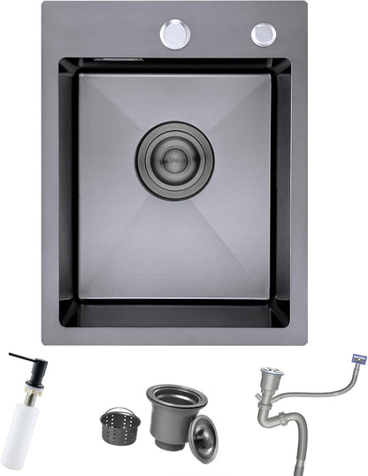 Kitchen Sink Stainless Steel Black Single Bowl 35x45cm Topmount Soap Dispenser