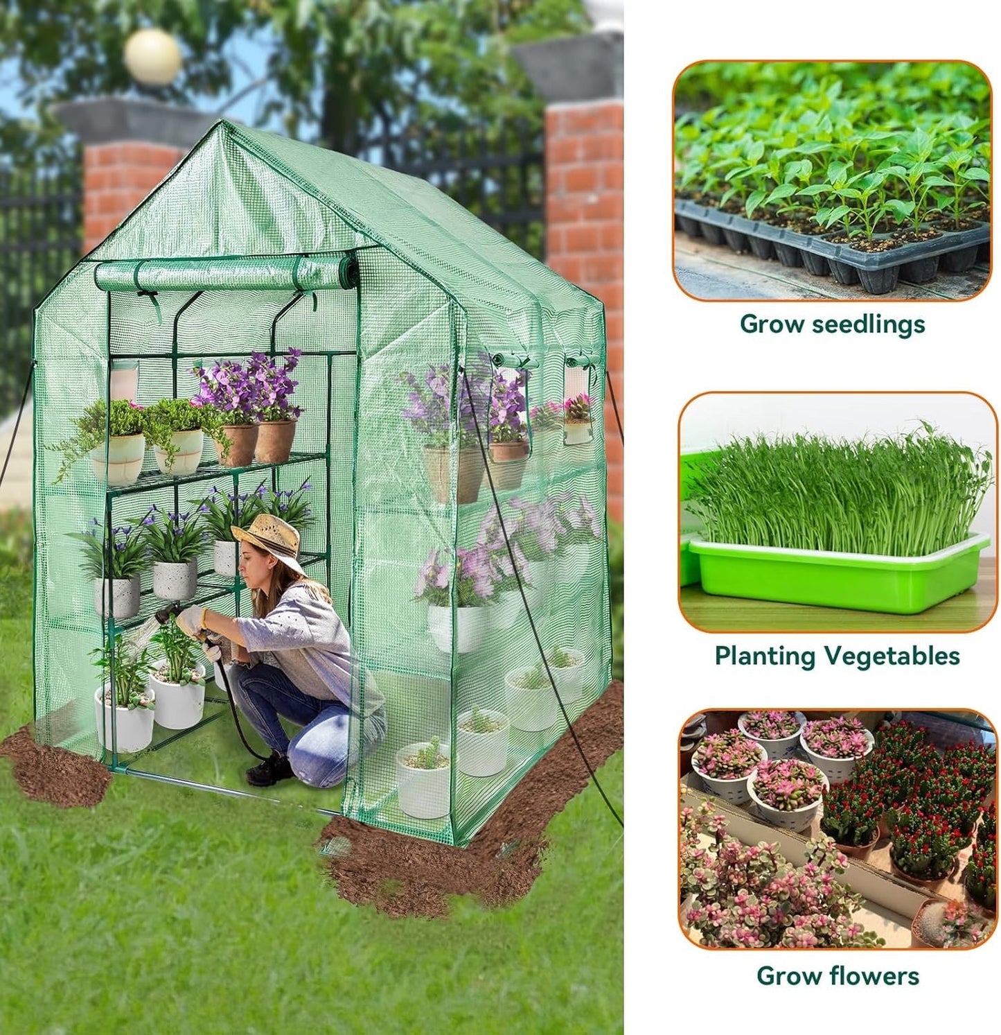 Greenhouse Shelves Walk In 12 Tier PE Cover Garden Grow House 143x143x195cm