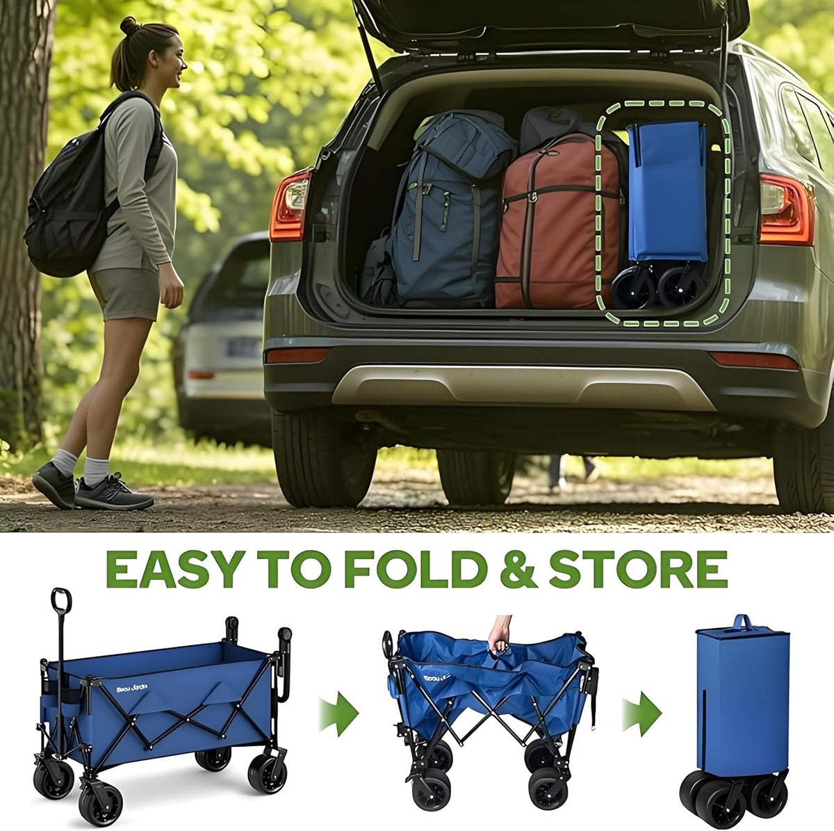 Folding Festival Trolley Wagon Cart Blue All Terrain Wheels Collapsible Camping