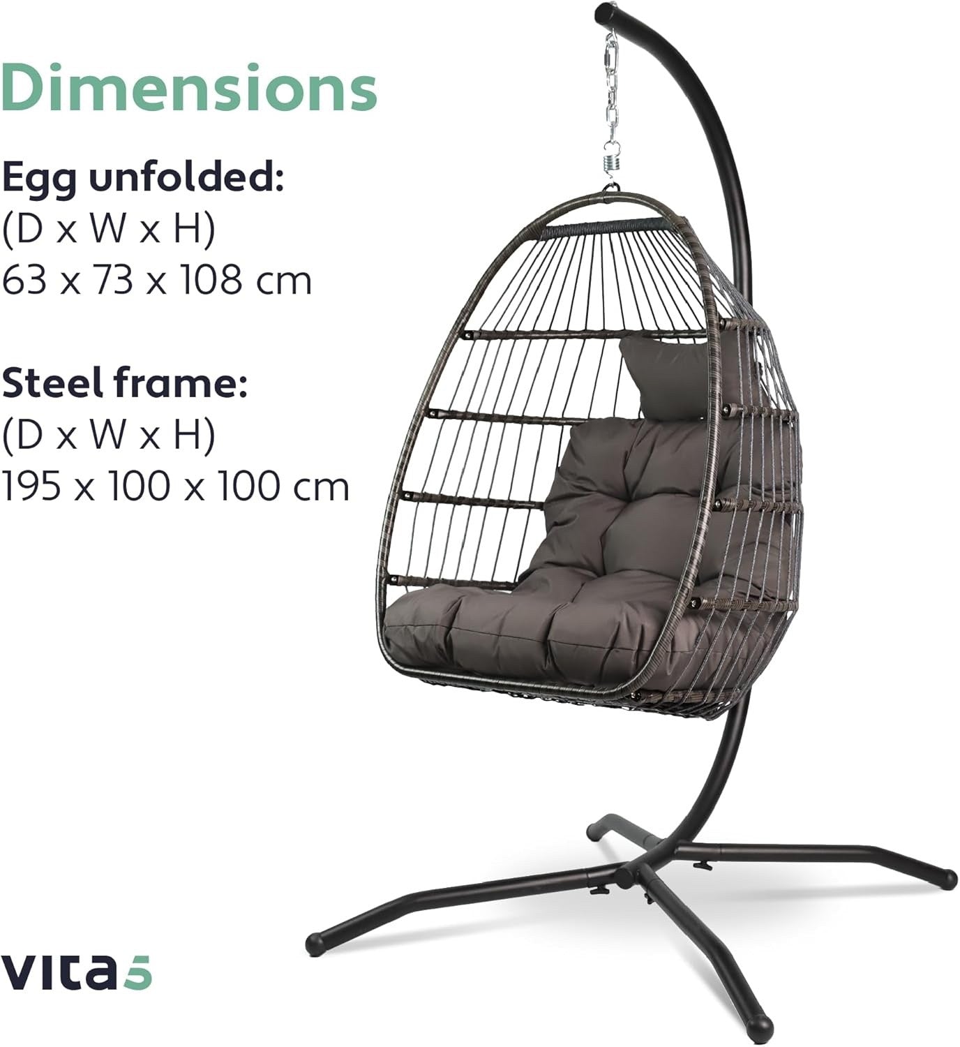 Vita5 Dark Grey Egg Chair Polyrattan Frame Cushion Hanging Indoor Outdoor 150kg