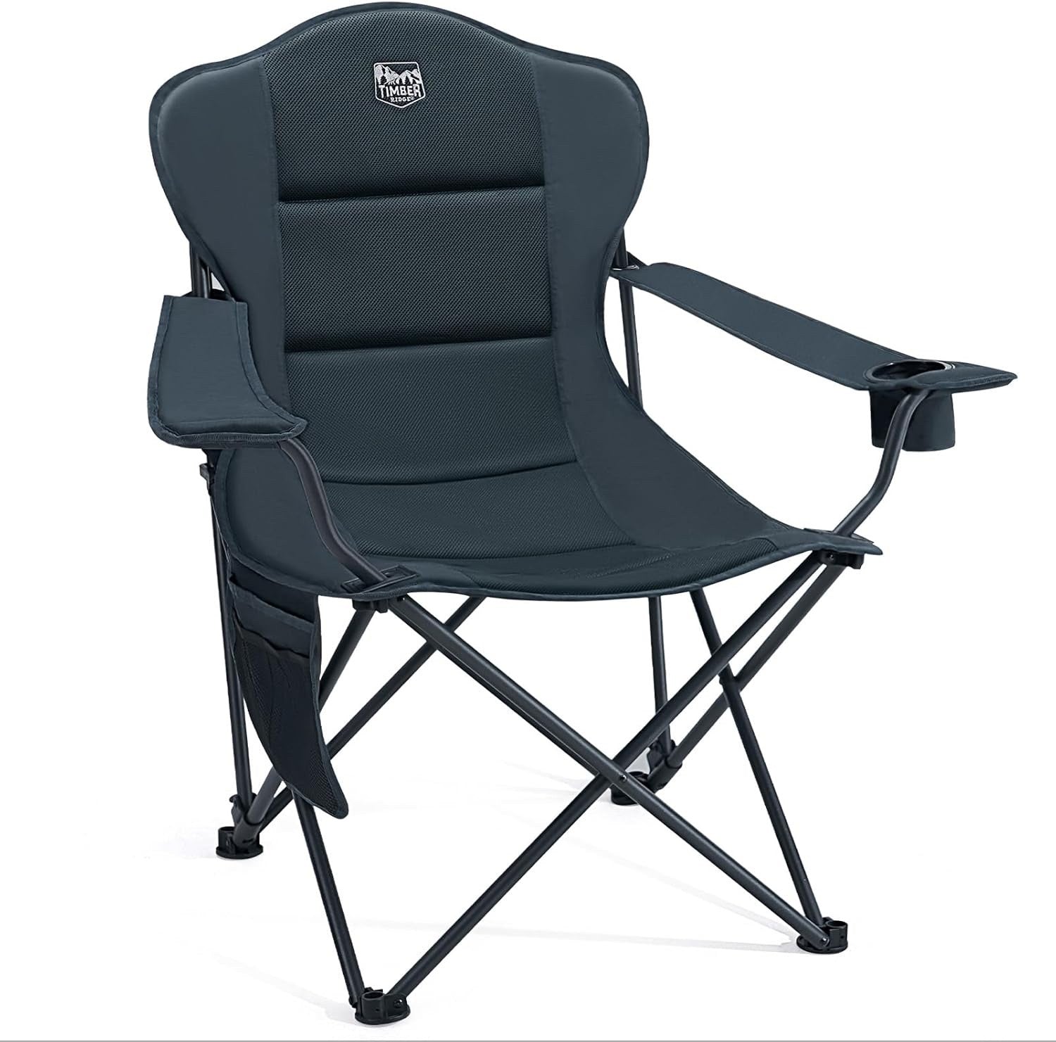 Folding Camping Chair Recliner 150kg Extra Wide 3 Position Cup Holder Black