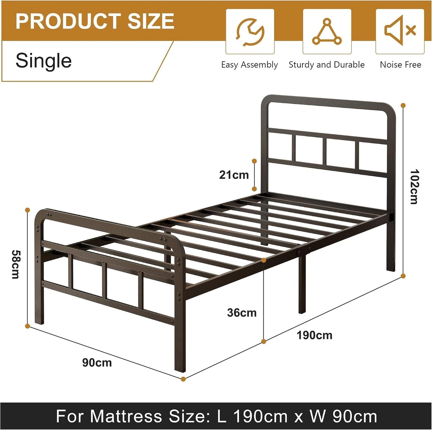 Single Bed Frame Metal 3ft 90x190cm Headboard Footboard Slats 36cm Height Black
