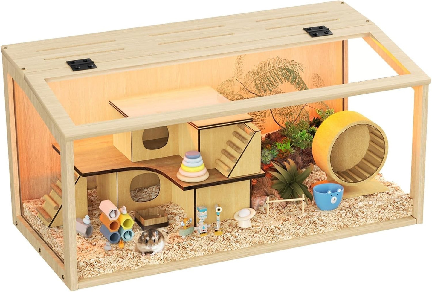 Hamster Cage Wooden Large Chewproof 80x40x40cm Acrylic LED Gerbil Rat Habitat