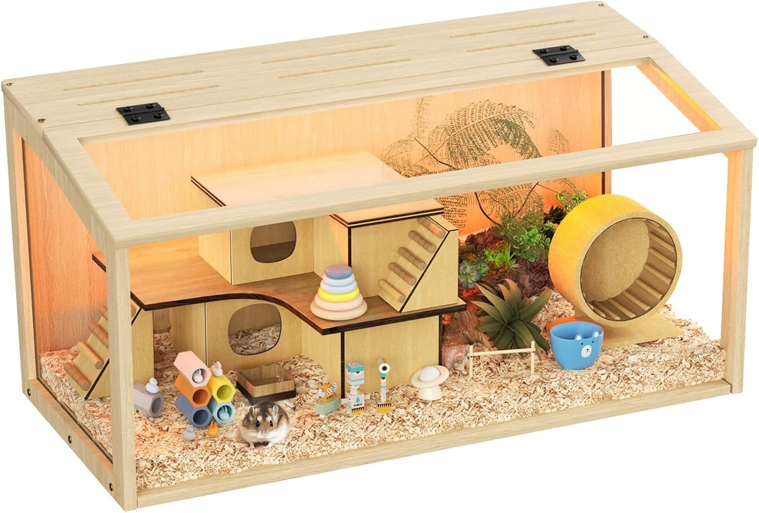 Hamster Cage Wooden Large Chewproof 80x40x40cm Acrylic LED Gerbil Rat Habitat