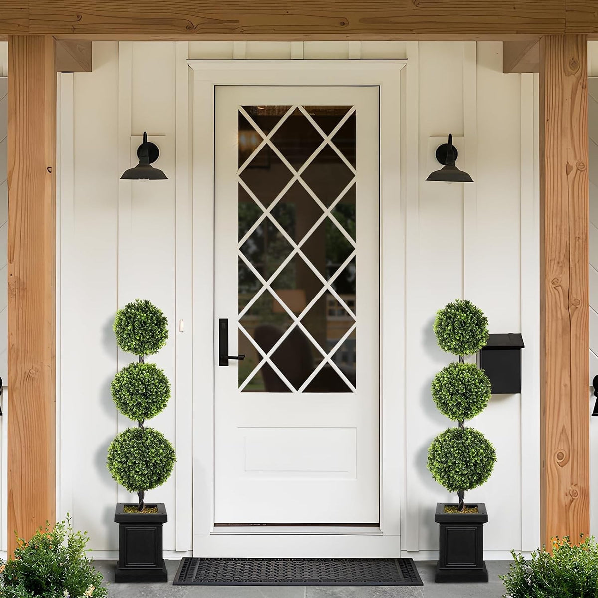 Artificial Boxwood Topiary Trees Set of 2 3.5ft 107cm Ball Outdoor Porch Plants