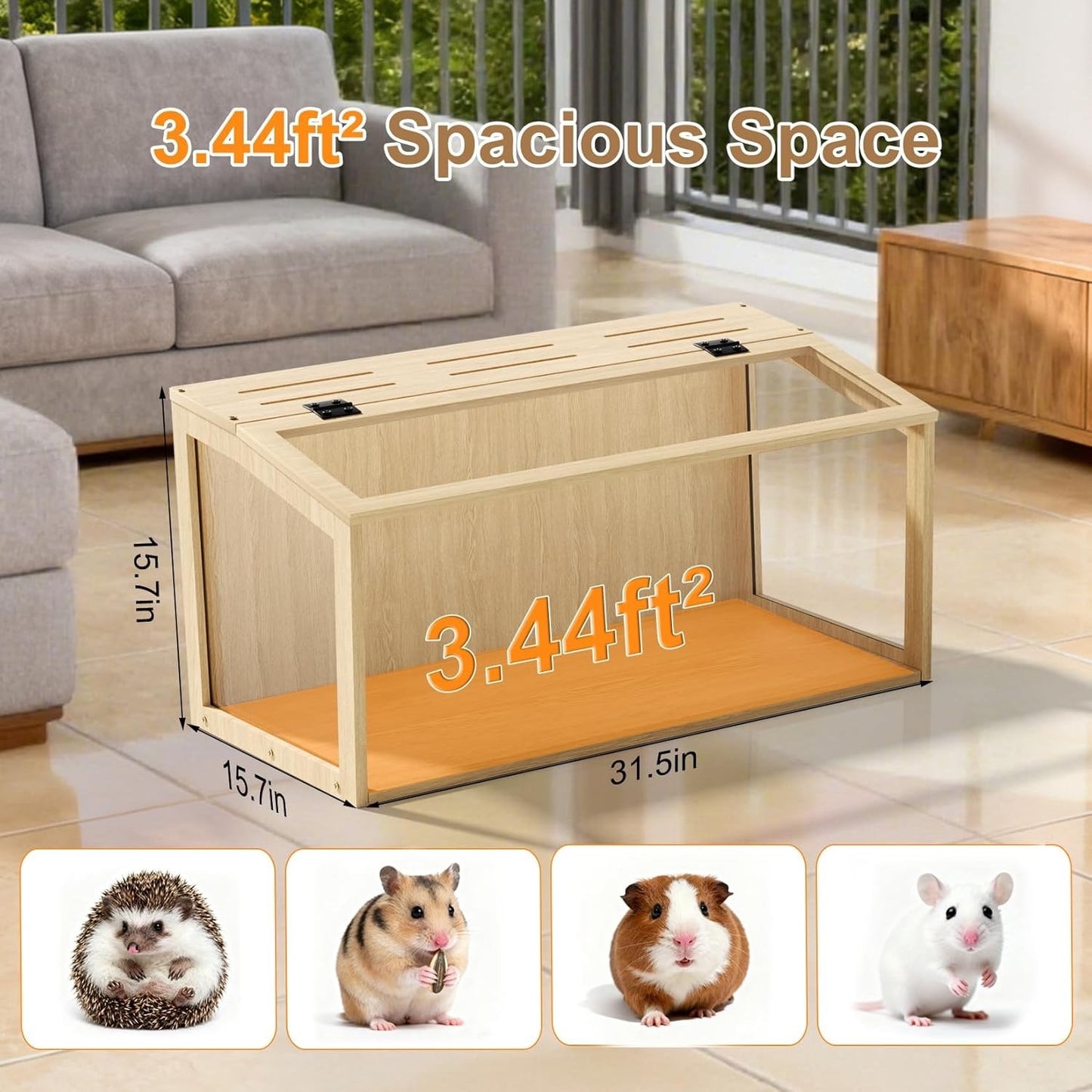 Hamster Cage Wooden Large Chewproof 80x40x40cm Acrylic LED Gerbil Rat Habitat