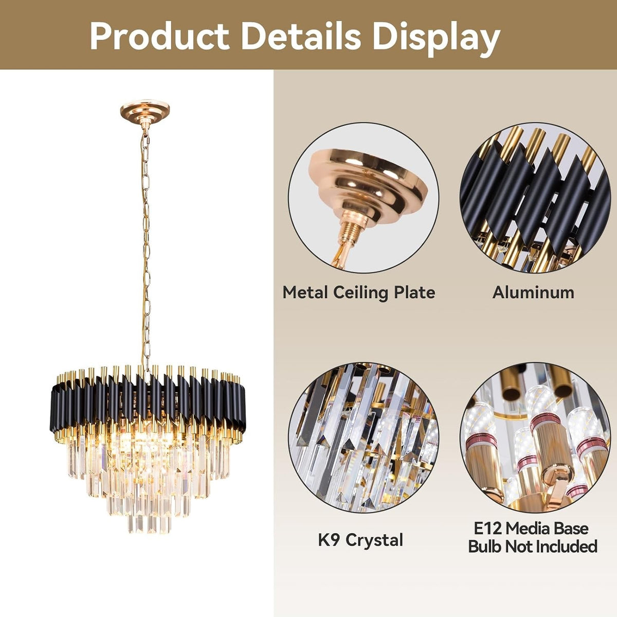 Crystal Chandelier Ceiling Light 20 Inch Black Gold 4 Tier Adjustable Pendant