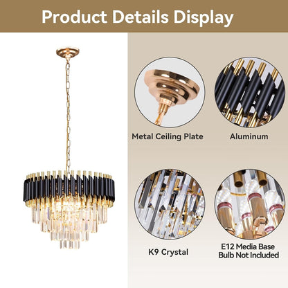 Crystal Chandelier Ceiling Light 20 Inch Black Gold 4 Tier Adjustable Pendant