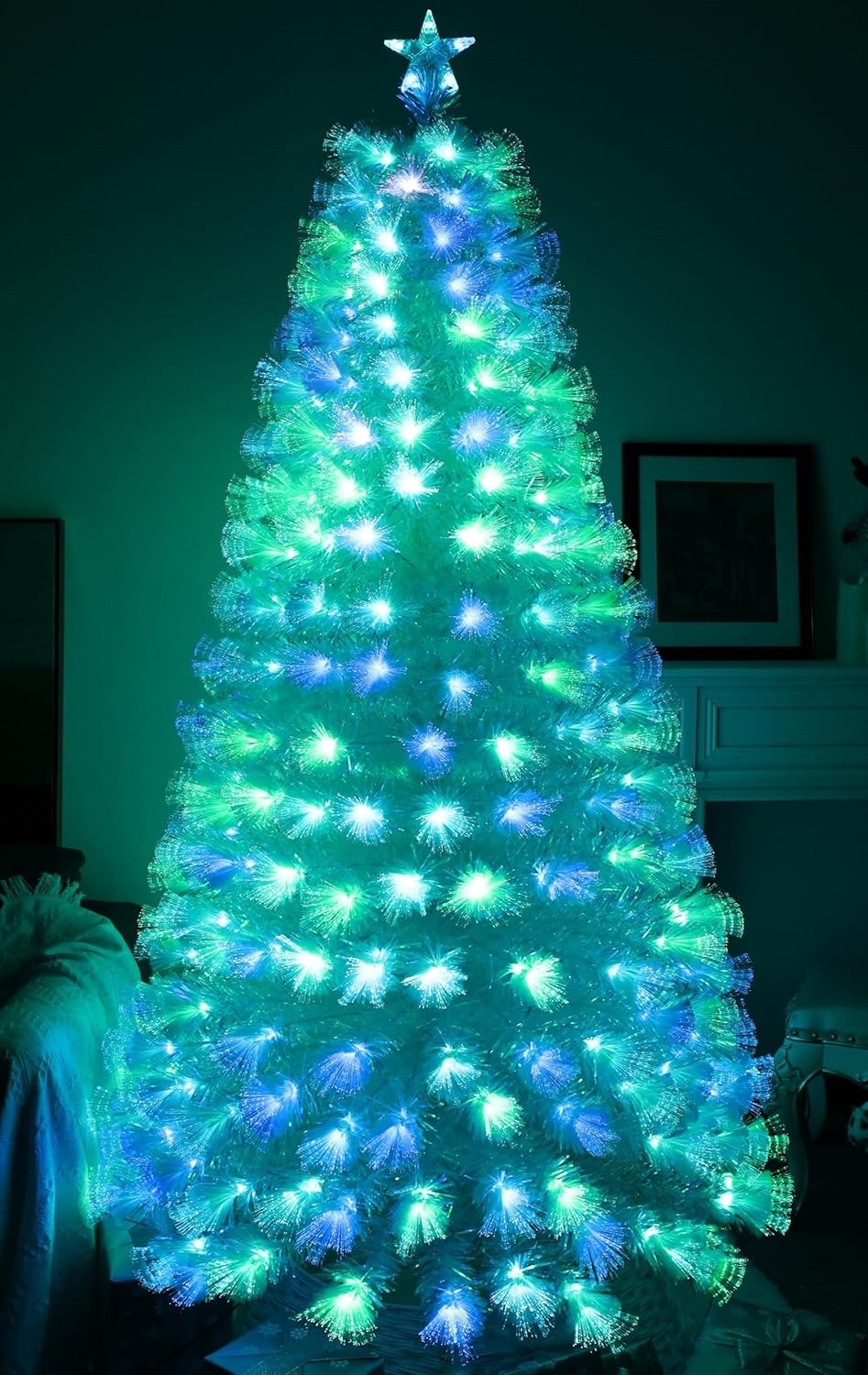 Artificial Christmas Tree 7ft Pre Lit 290 Tips Multi Color Star Stand PVC White