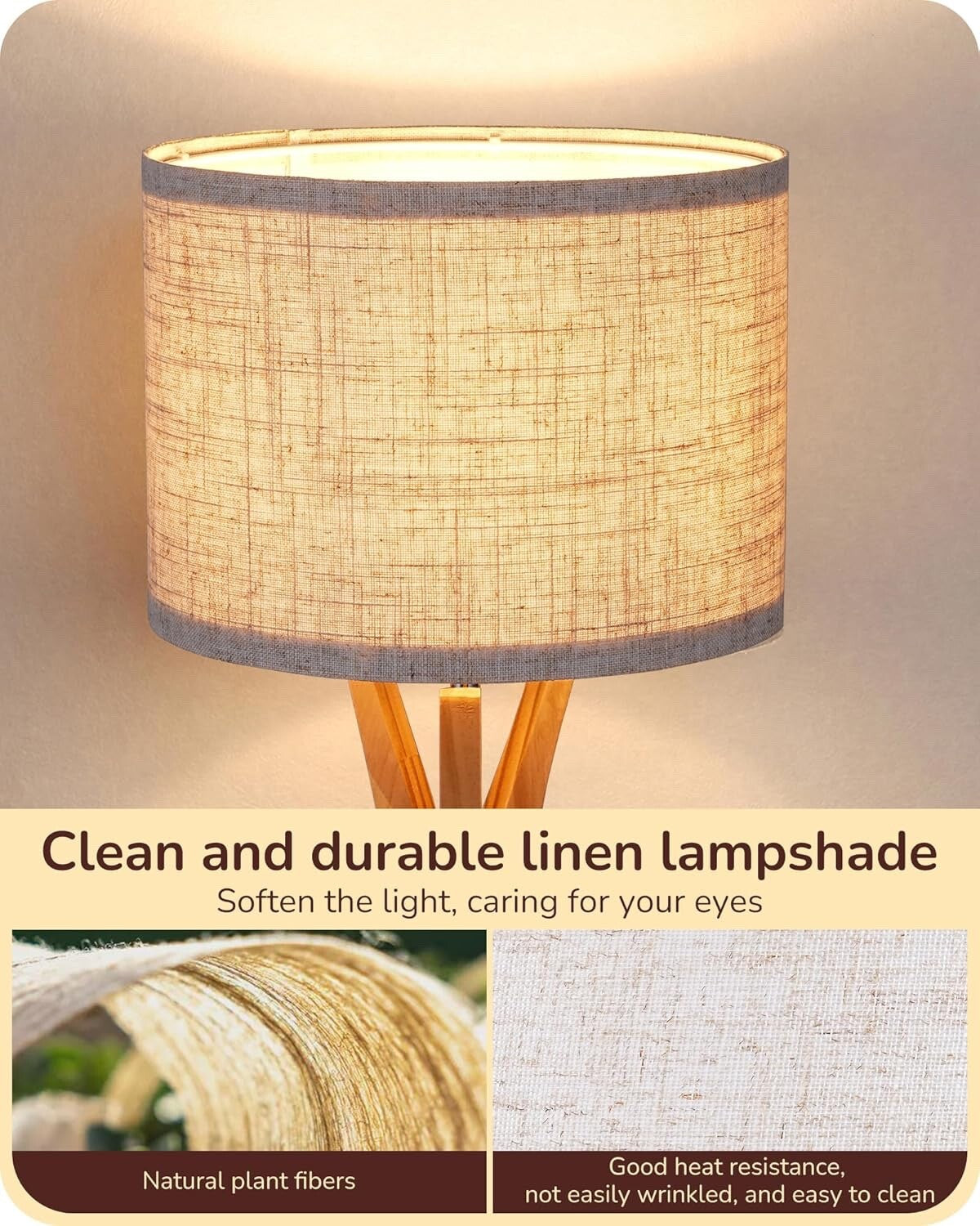 EDISHINE Modern Bedside Lamp, 46cm Tripod Table Lamp with Solid Wood Legs, Beige