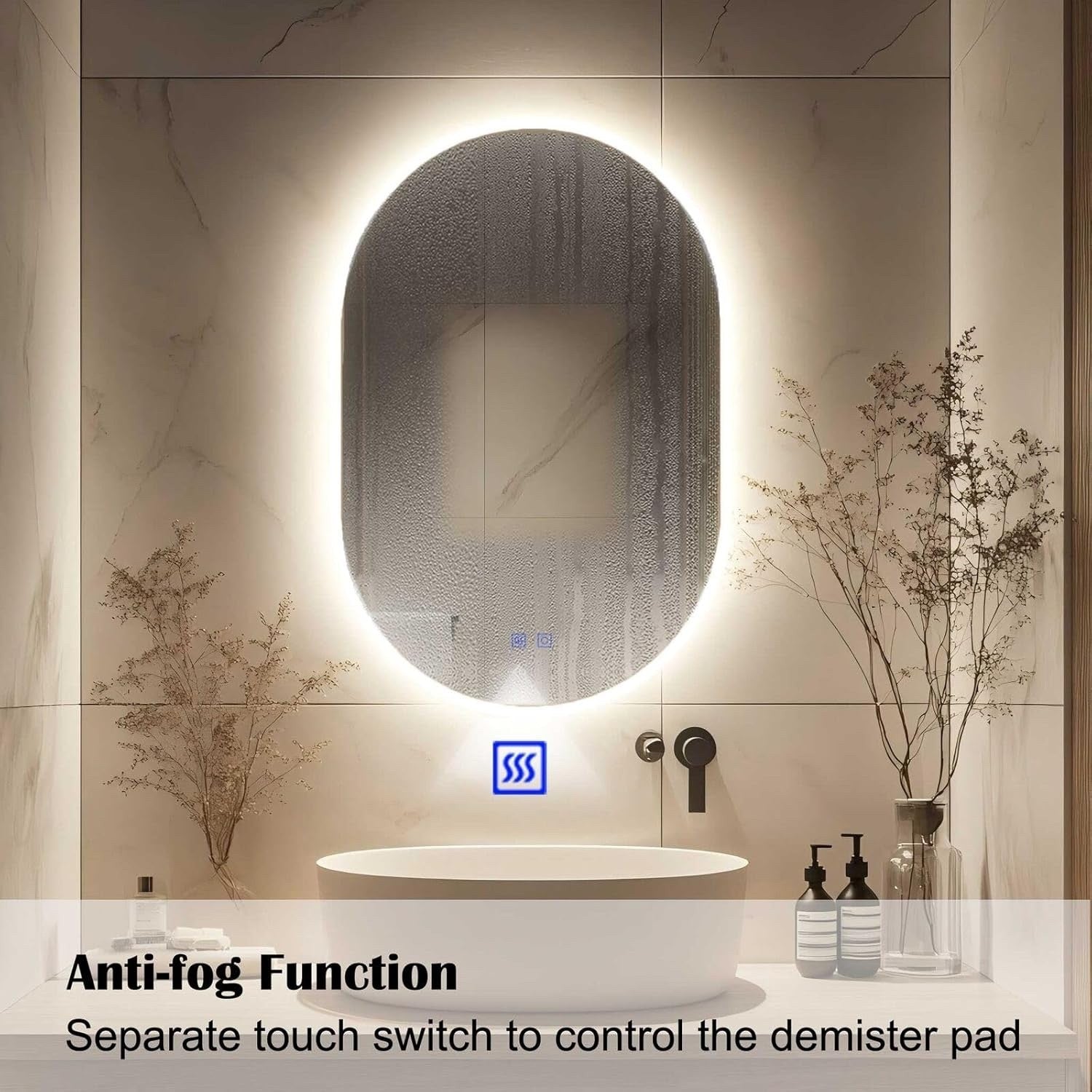 Oval LED Bathroom Mirror 500x700mm 3 Color Dimmable Anti Fog Touch Wall