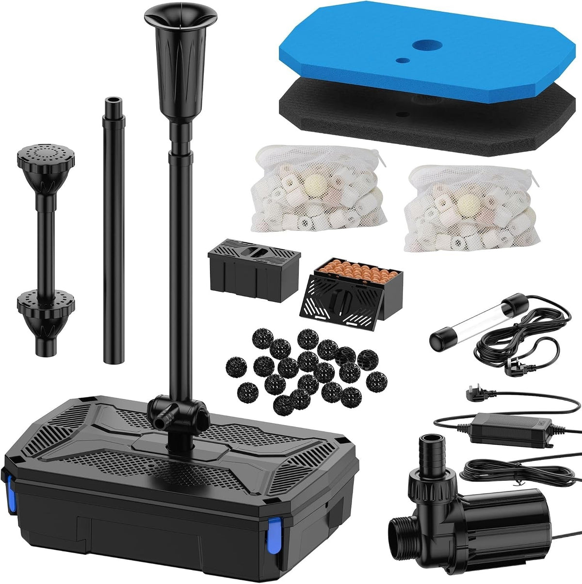 Pond Filter Pump Fountain Kit 4600L/H 42W UV Clarifier 3 Nozzles Garden Fish UK