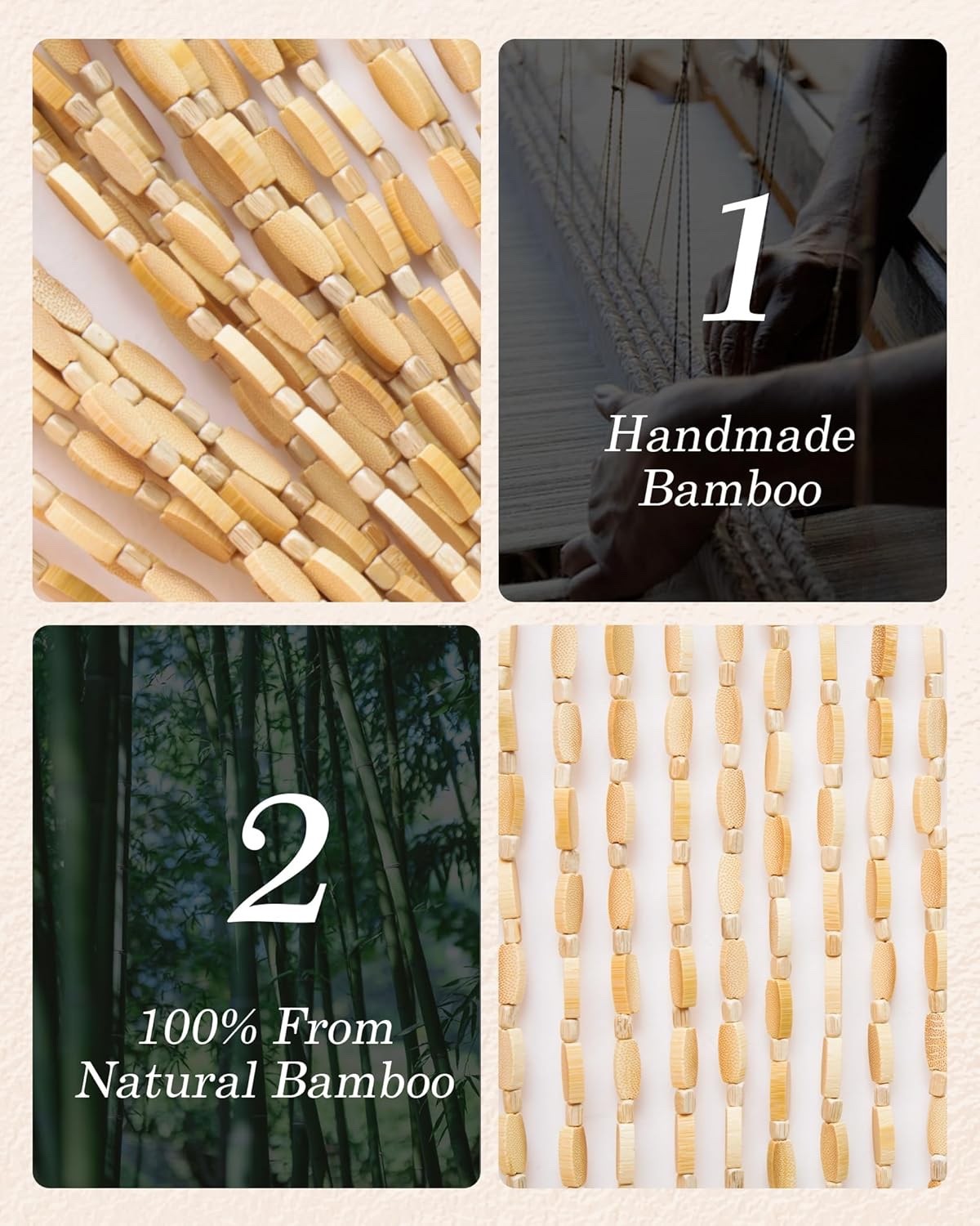 Bamboo Beaded Door Curtain 90x195cm 52 Strands Beige Wooden Fly Screen Doorway