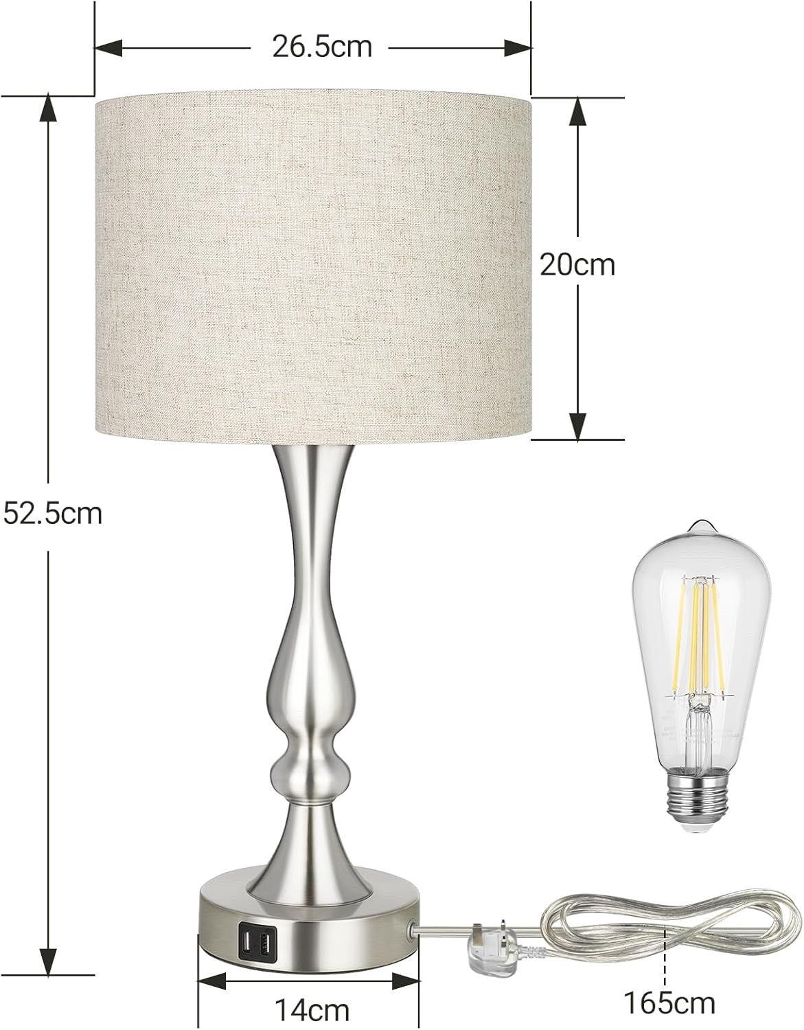EDISHINE Bedside Lamps Set of 2 - 3 Way Dimmable Touch Lamp with USB Charging