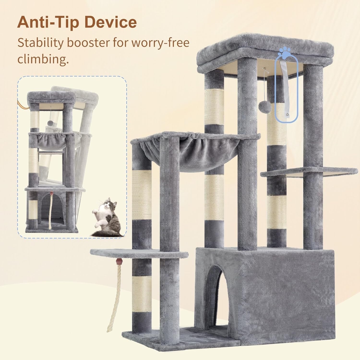 Cat Tree Tower Scratching Post Large Indoor Condo Hammock Toy Balls Light Grey