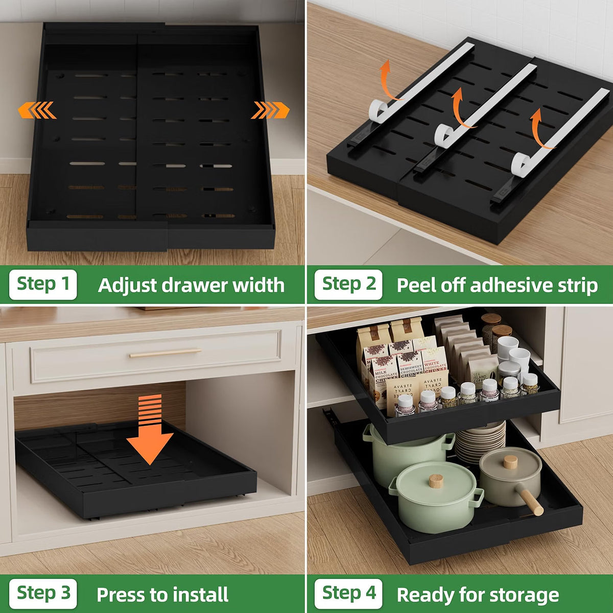 Pull Out Cabinet Organizer 4 Pack 21in Deep 9-14in Adjustable 3 Rail Steel Set