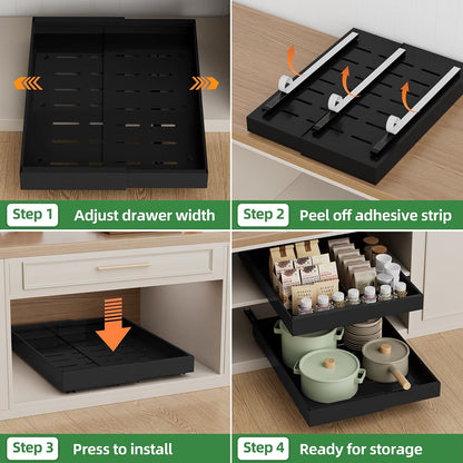 Pull Out Cabinet Organizer 4 Pack 21in Deep 9-14in Adjustable 3 Rail Steel Set