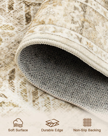 Area Rug Carpet Washable Vintage Beige Brown Non Slip Low Pile 240x340cm Home