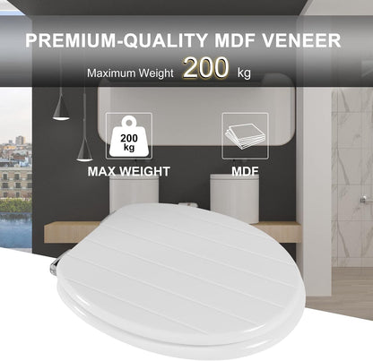 Toilet Seat Wooden White Oval Antibacterial Adjustable Hinges MDF Bathroom