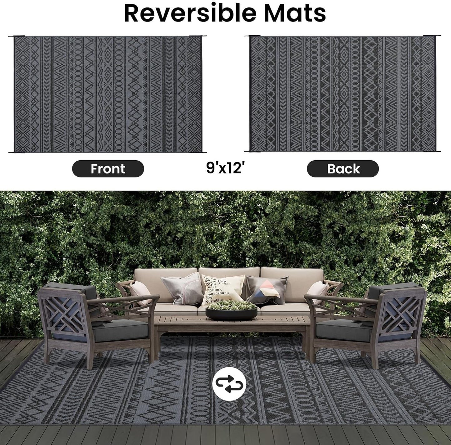 Outdoor Patio Garden Rug 270x360cm Waterproof Reversible Black Grey Camping Mat