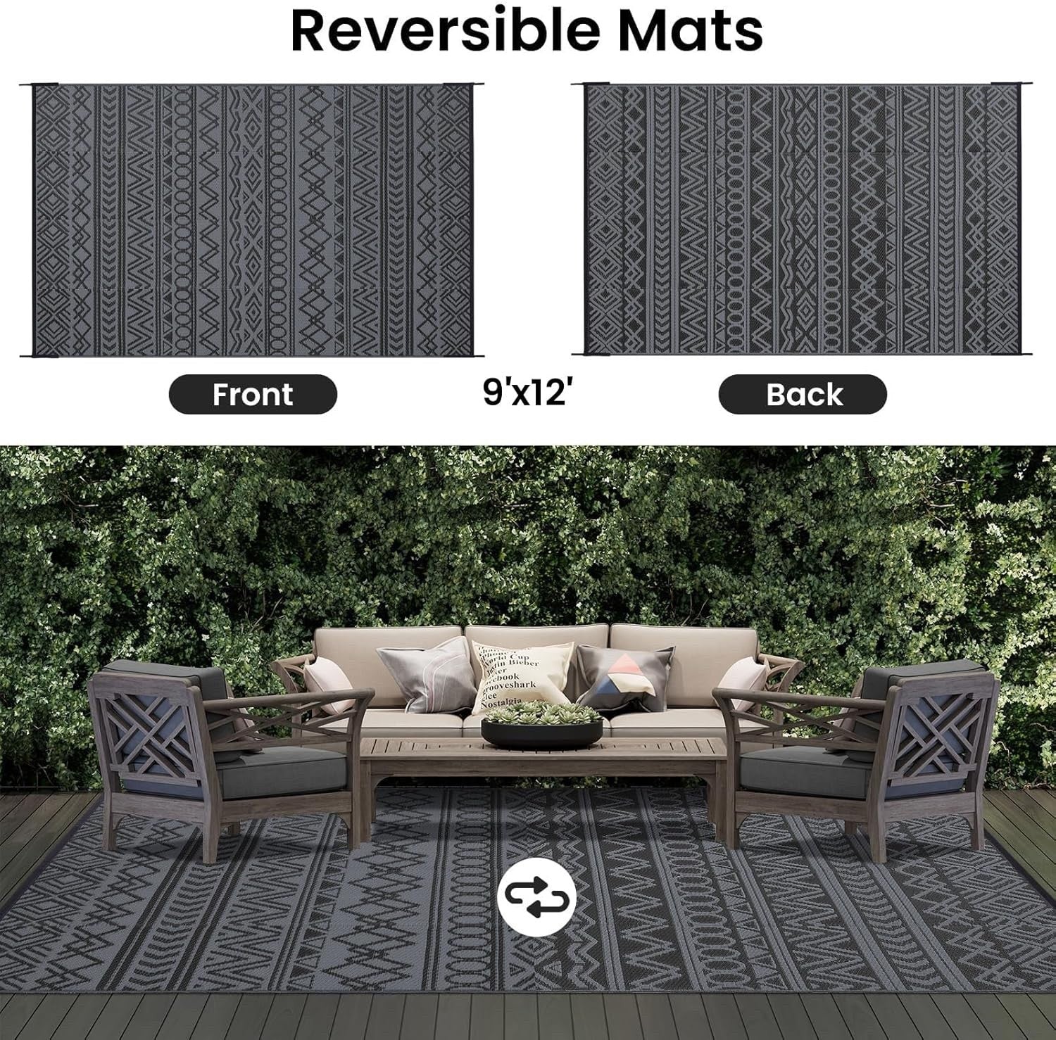 Outdoor Patio Garden Rug 270x360cm Waterproof Reversible Black Grey Camping Mat