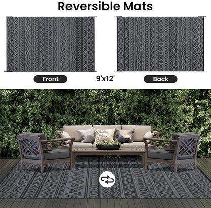 Outdoor Patio Garden Rug 270x360cm Waterproof Reversible Black Grey Camping Mat