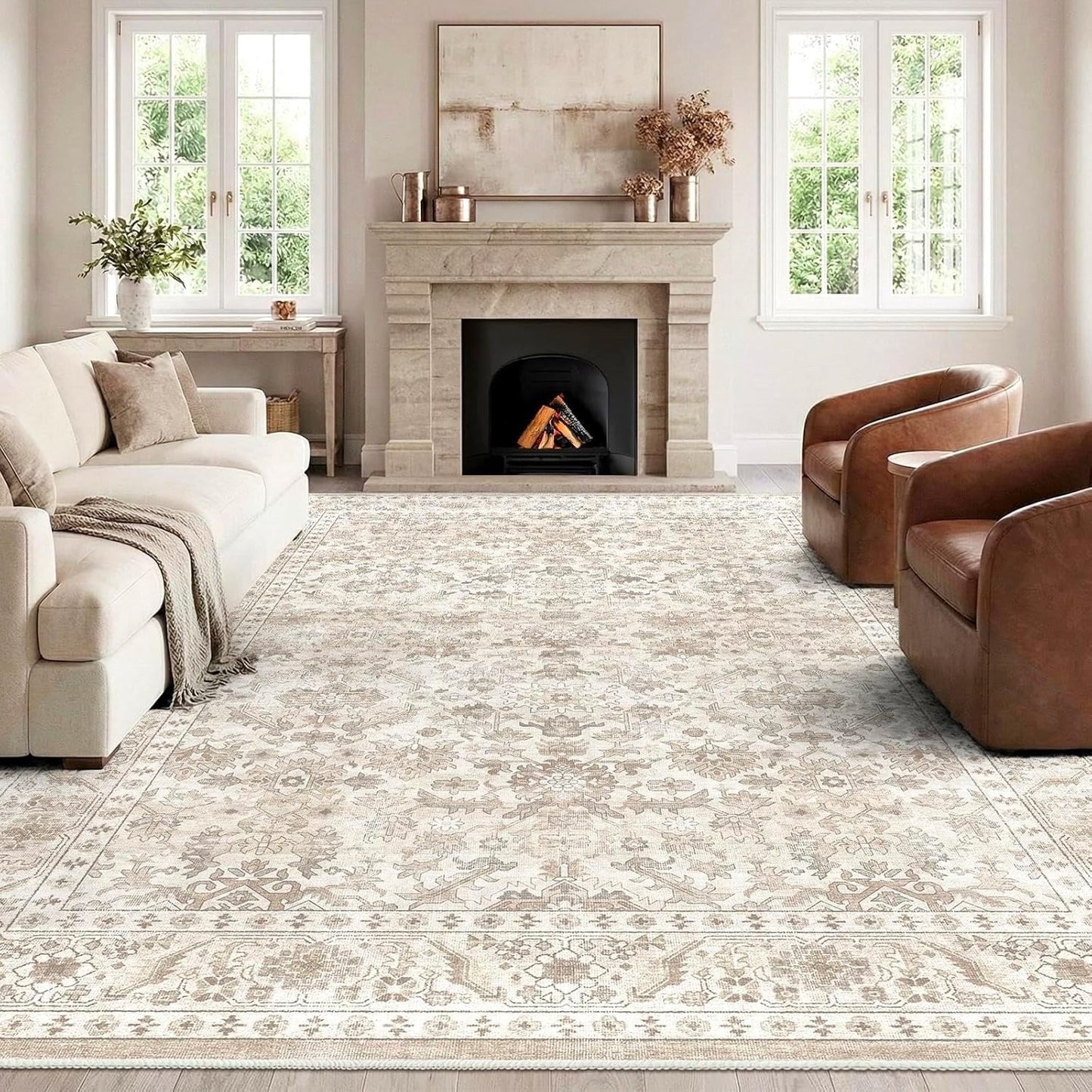 Vintage Beige Rug Washable Non Slip 300x400cm Living Room Bedroom Carpet Mat