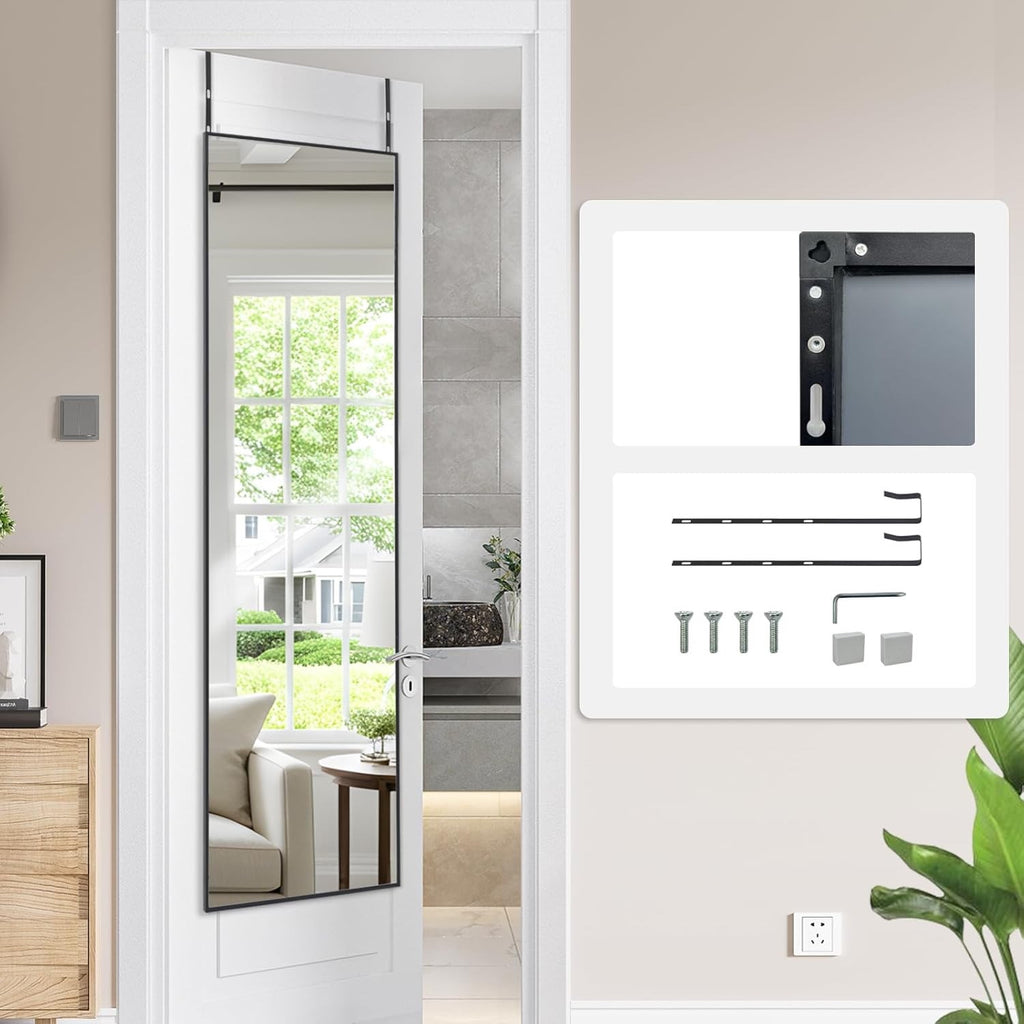 Over Door Full Length Mirror 122x35cm Black Aluminium Frame Bedroom Wall