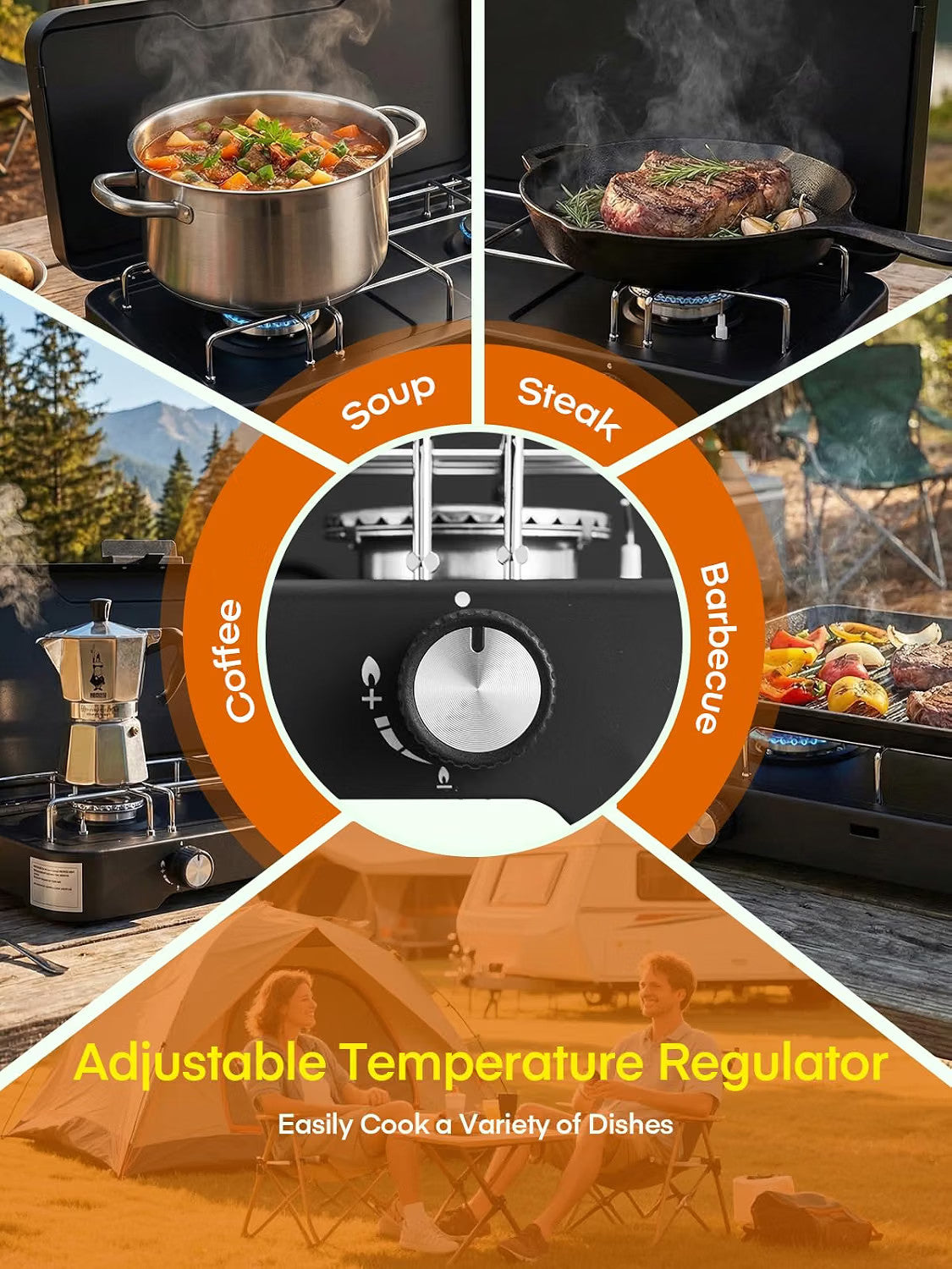 Camping Gas Stove 2 Burner Portable Propane 6000W Adjustable Lid Piezo Ignition