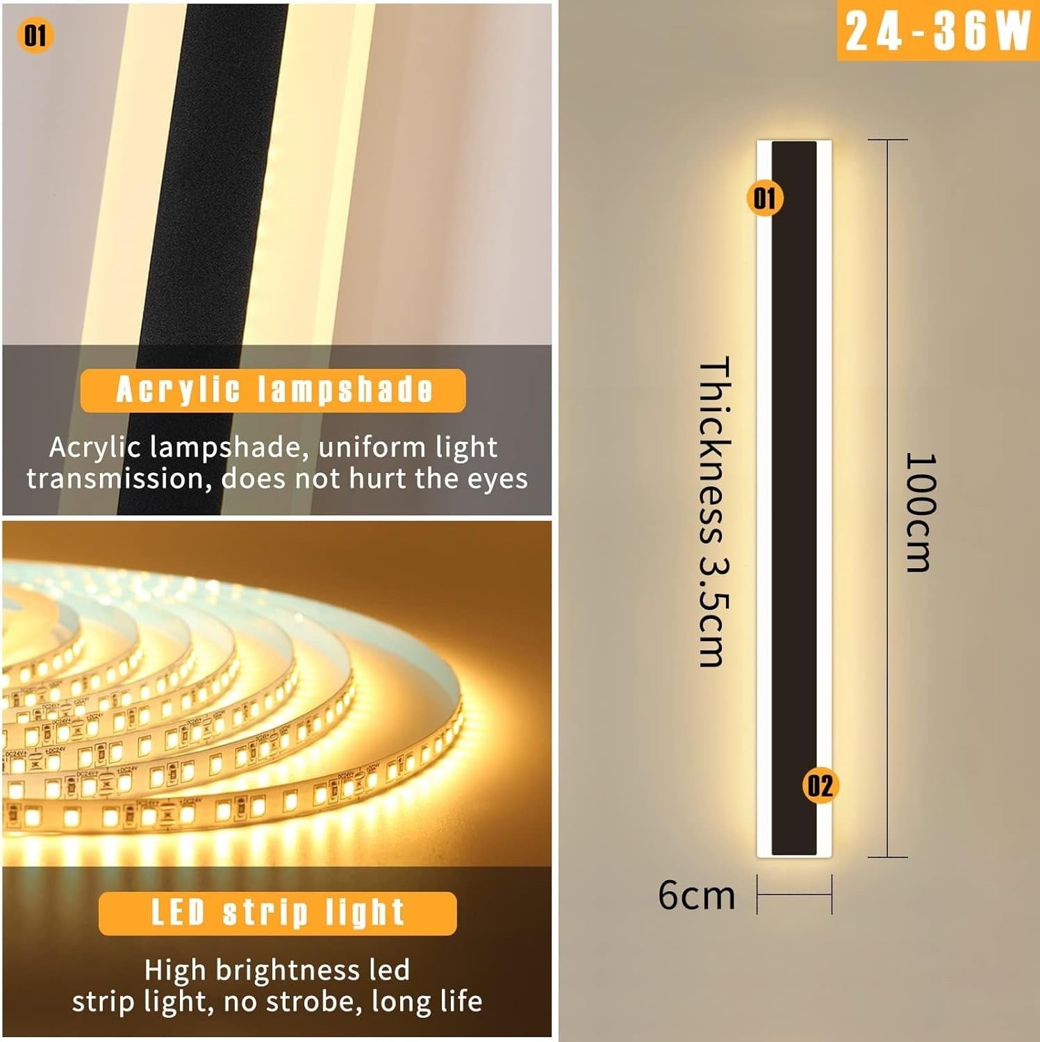 100cm Outdoor LED Wall Light 3 Color 3000K 4500K 6000K IP65 Garden Porch Lamp
