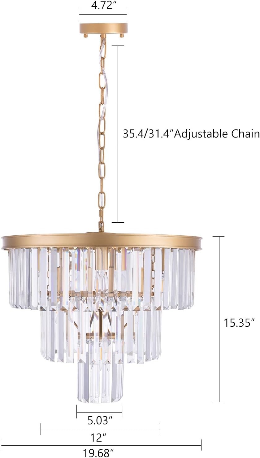 Crystal Chandelier Ceiling Light Gold 3 Tier 7 Lamp Modern Hanging Pendant 20"