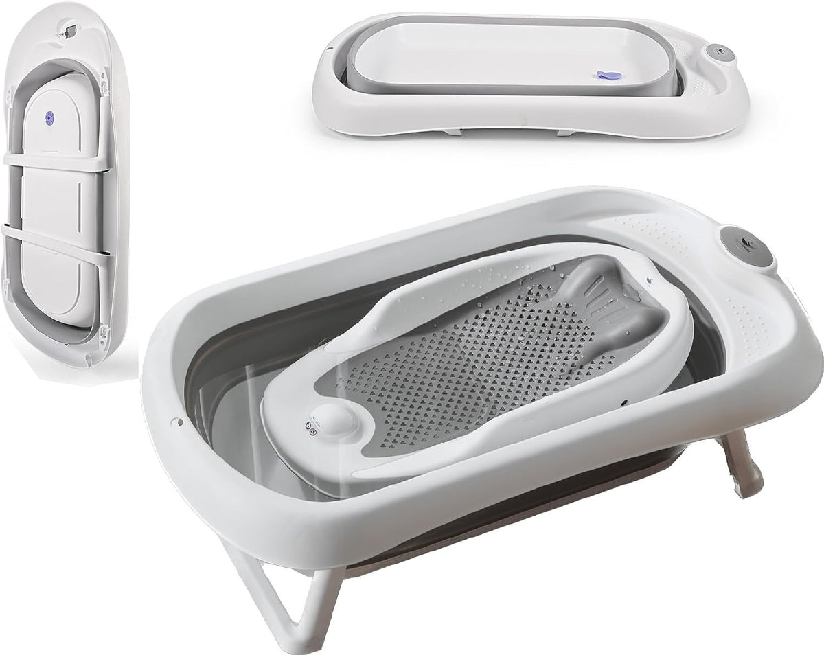Baby Bath Tub Stand Foldable Newborn Bathtub 81cm Grey Non Slip Seat Drain 0-24M