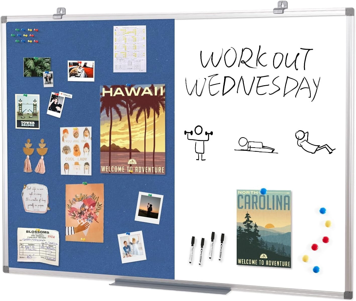 Dry Erase Presentation Whiteboard Pin Bulletin Combination Board Blue 120x90cm