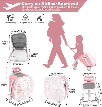 Kids Ride On Suitcase Luggage 20" 35L Carry On Trolley Seat Foldable Pink Travel