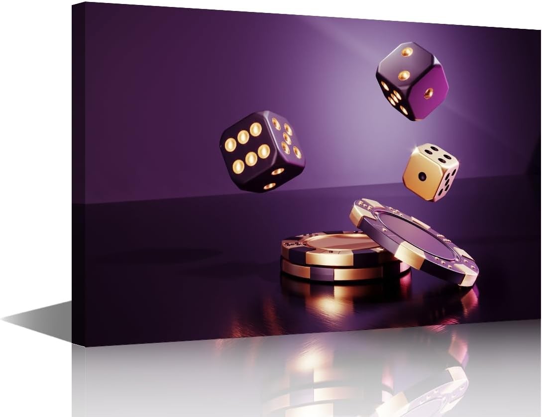 Casino Chips Wall Art Canvas Print Framed 36x24in Poker Dice Game Room Decor