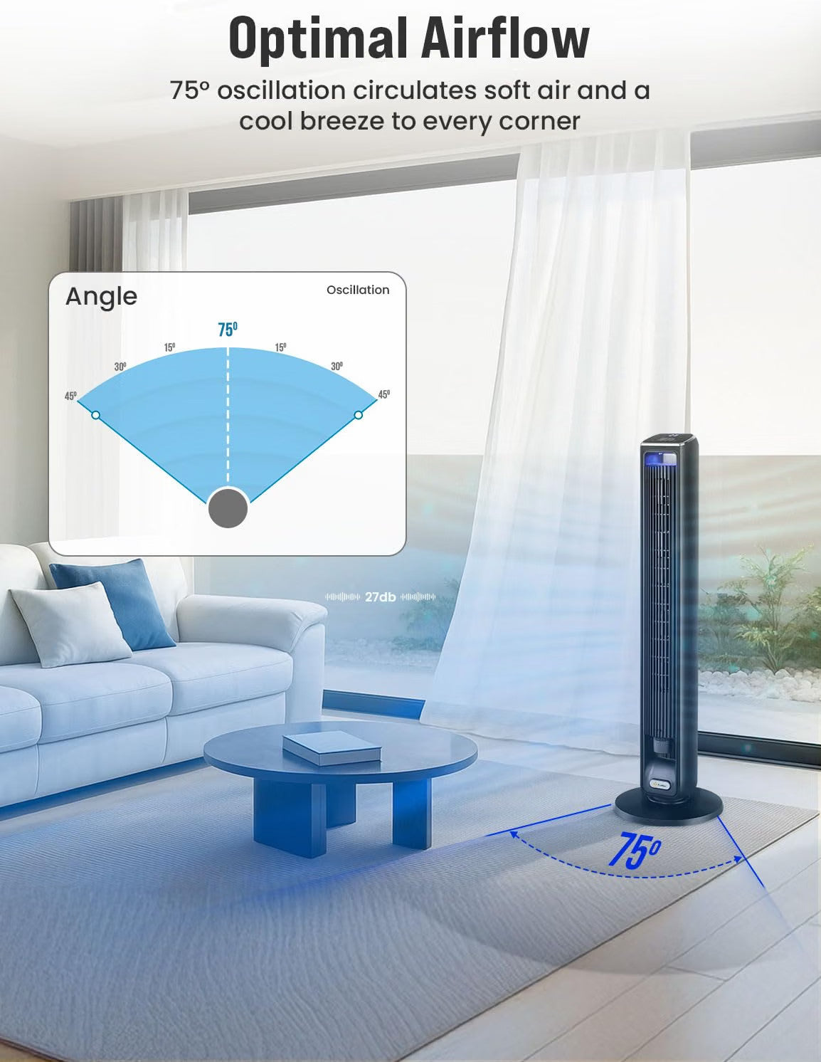 Smart Tower Fan 42in WiFi Alexa 12 Speed 4 Modes 120° Oscillation EcoNour