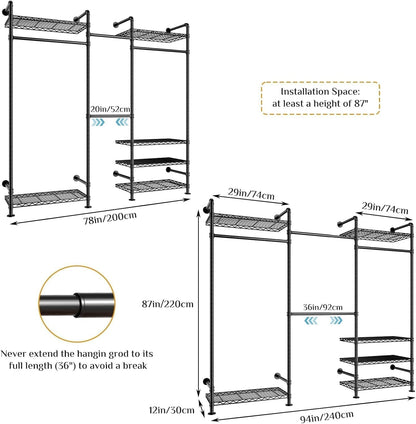 Clothes Rail Wardrobe Rack Adjustable Freestanding Storage 6 Shelves Double Rods