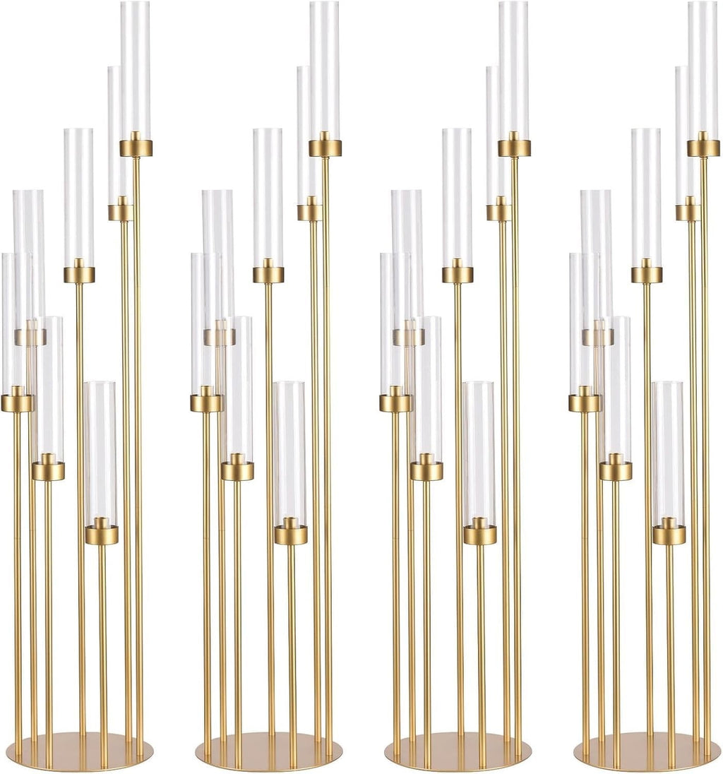MYOYAY 4 Sets Gold 7-Arm Floor Candelabra Metal Candle Holders with Lampshades