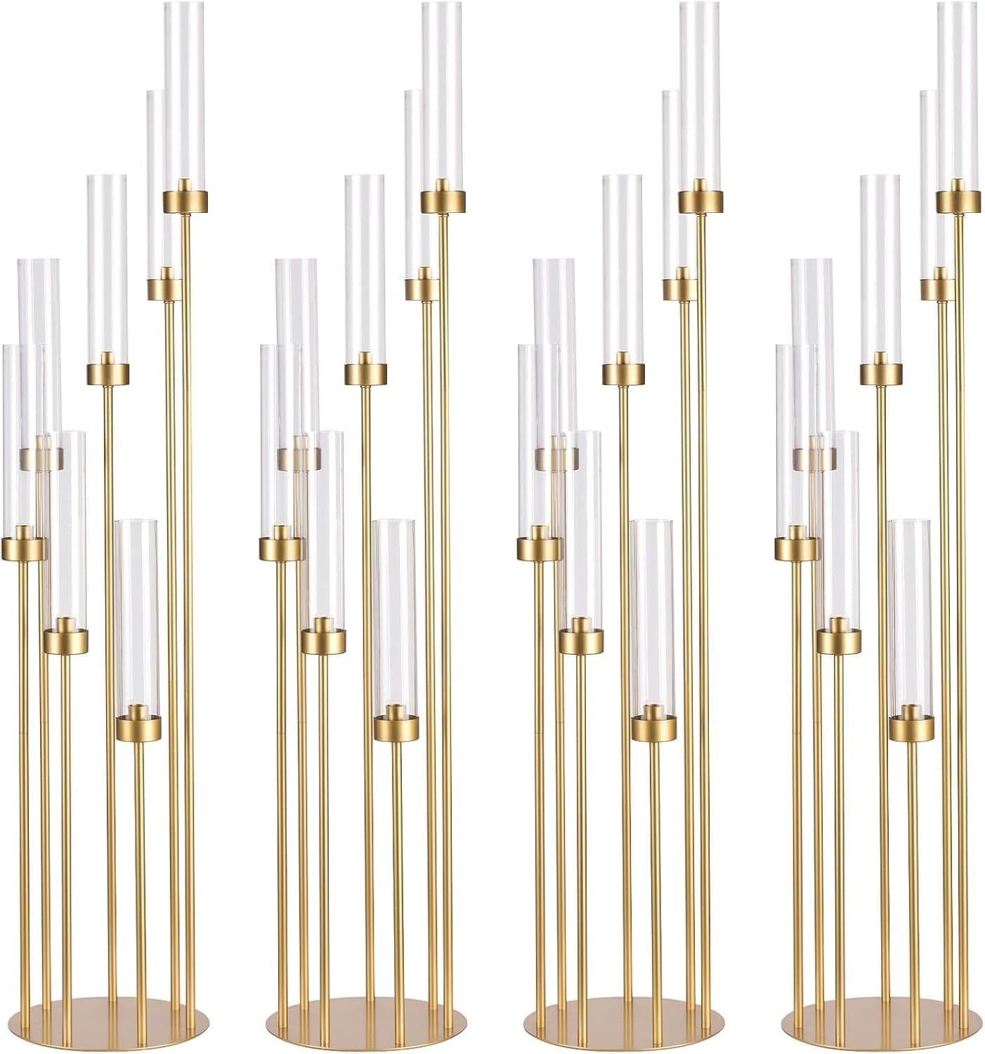 MYOYAY 4 Sets Gold 7-Arm Floor Candelabra Metal Candle Holders with Lampshades
