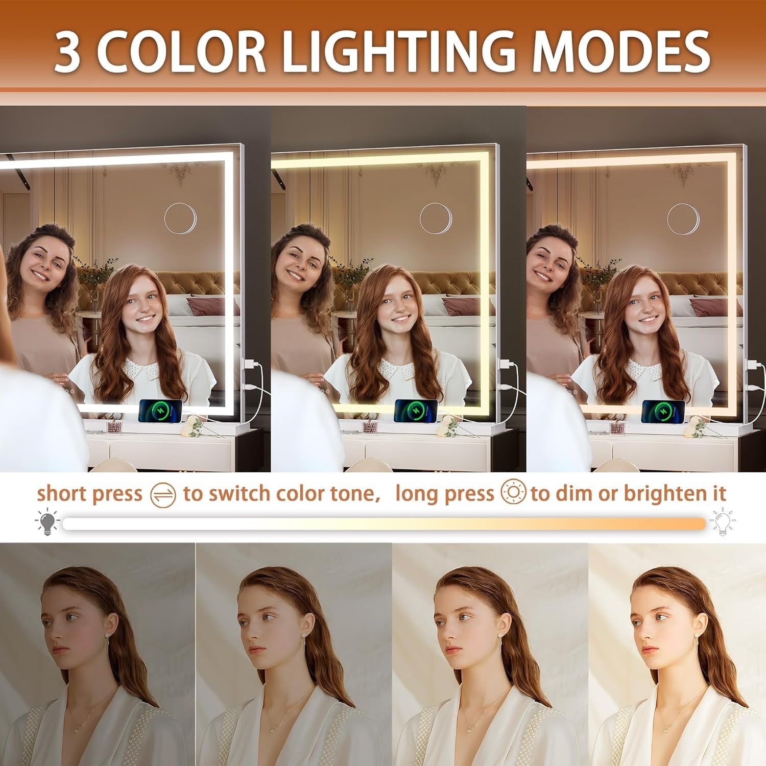 LED Vanity Makeup Mirror 95x65cm Round Lighted Dimmable 3 Color Touch